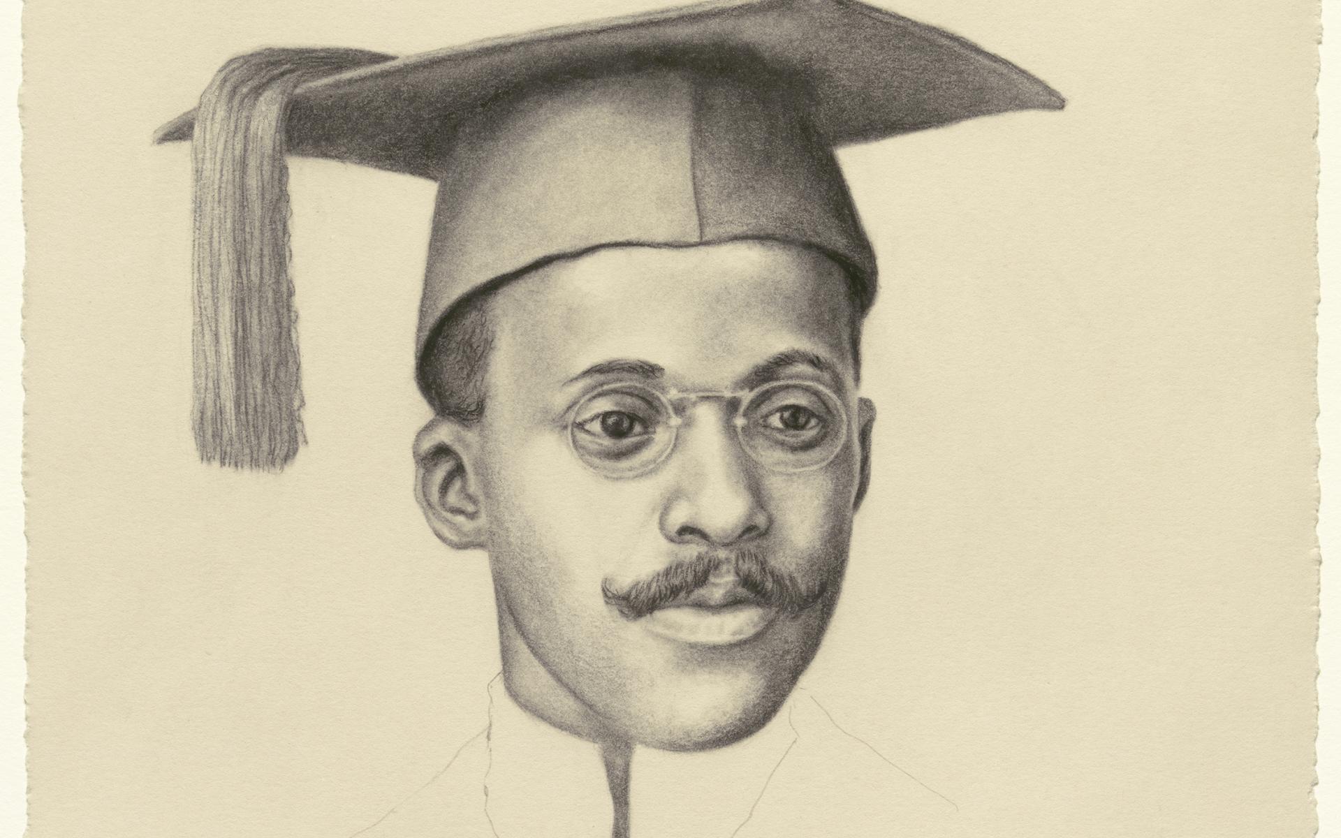 A charcoal drawing of a man wearing a graduation cap.