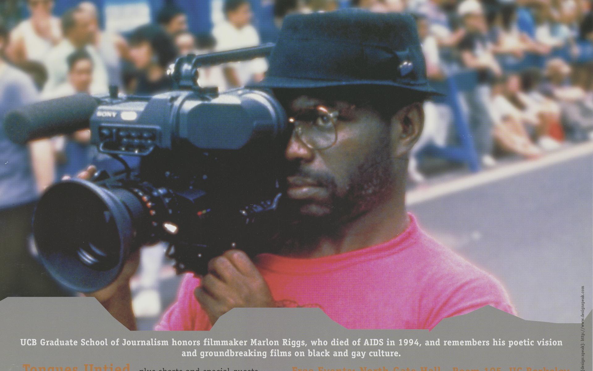 A poster for the Marlon Riggs: 10 Years After events. The front of poster features a photograph of Riggs and information about events to celebrate the life and work of the filmmaker.